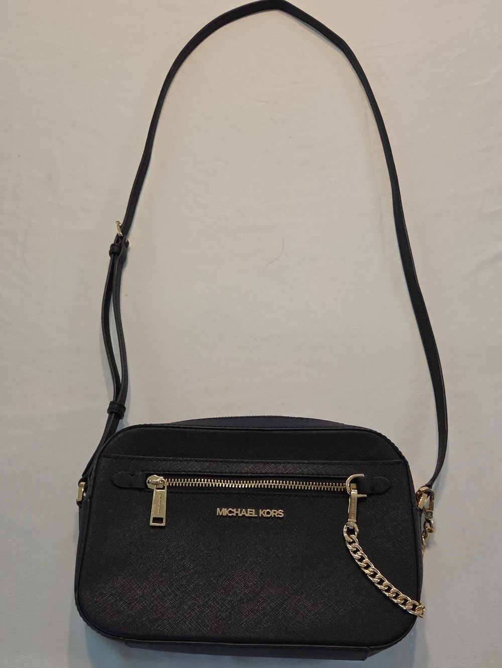 Michael Kors Black Crossbody Camera Bag with Gold Chain Detail